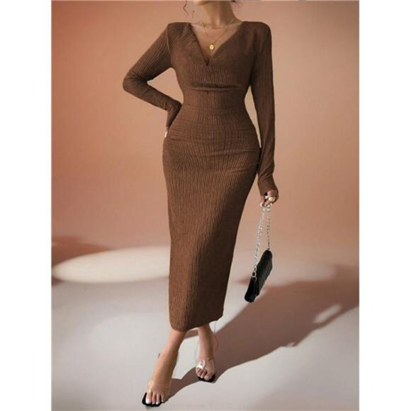 Elegant Green Draped Neck Long Sleeve Textured Fitted Pleated Sexy Midi Dress - Picture 1 of 7